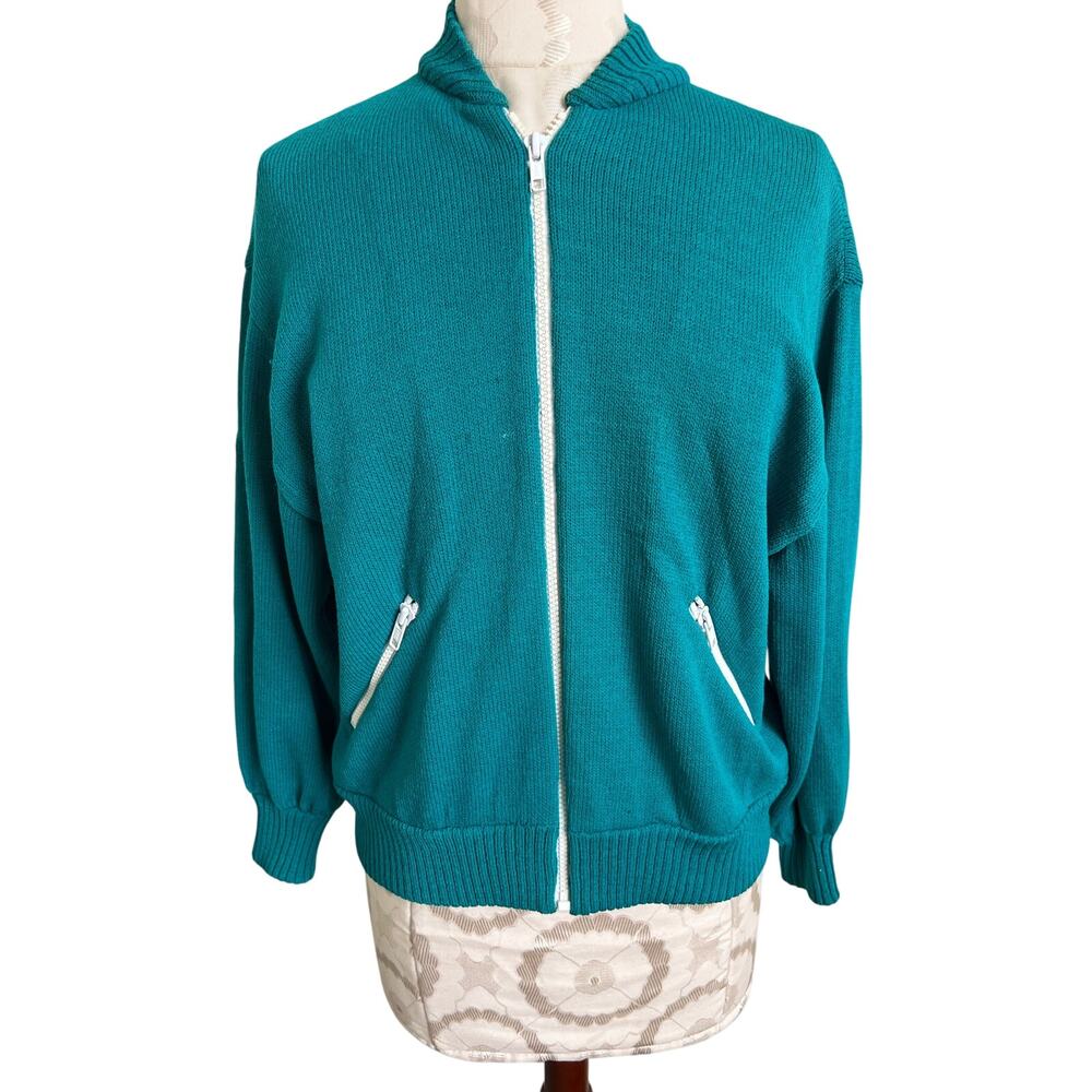 Vintage Teal Full Zip Long Sleeve Knit Sweater Jacket Small